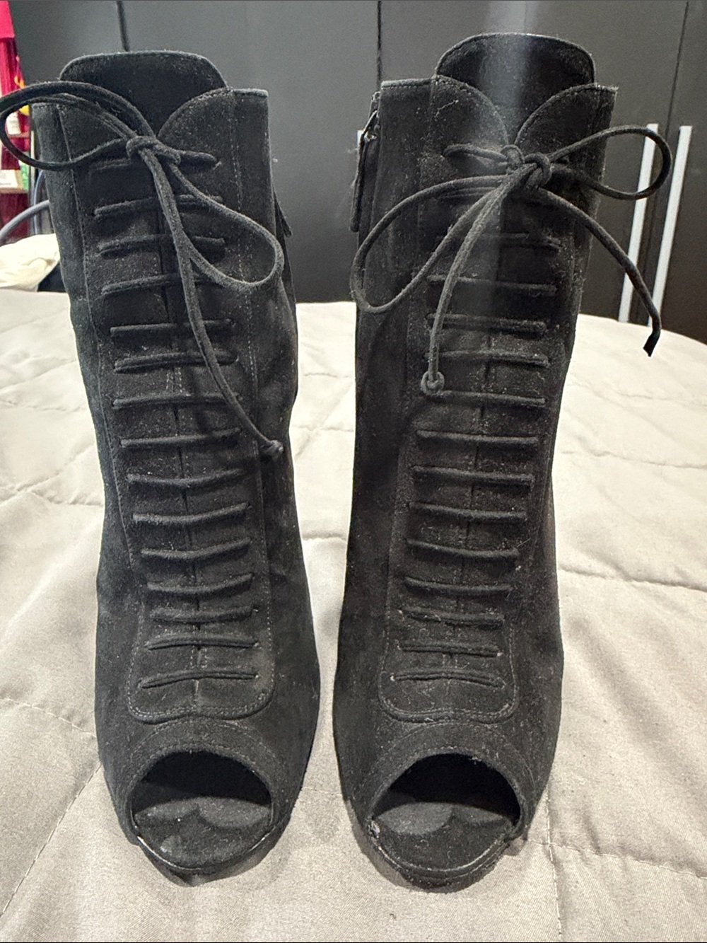 Tom Ford Black Suede Lace-Up Peep-Toe Ankle Booties